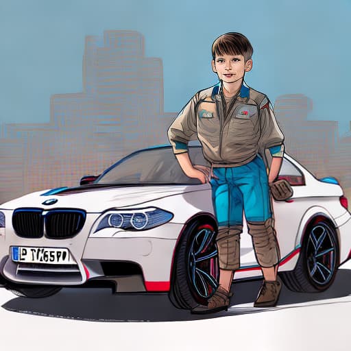 nvinkpunk young uzbek boy stand front of bmw m5 cs. use cartoon sytle must be clear and must show full car
