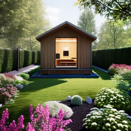 redshift style create a Scandinavian style garden sauna for me hyperrealistic, full body, detailed clothing, highly detailed, cinematic lighting, stunningly beautiful, intricate, sharp focus, f/1. 8, 85mm, (centered image composition), (professionally color graded), ((bright soft diffused light)), volumetric fog, trending on instagram, trending on tumblr, HDR 4K, 8K