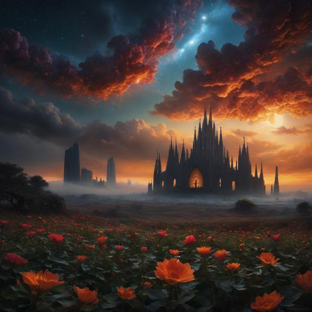  (stylized by Tomasz Alen Kopera:1.3) , dark art, dense flower field and Perseid meteor in background, landscape of a (Barcelona:1.2) , very Bizarre and 1600'S, Hurricane, Glitchcore, Amaro, layered textures, ornate, intricate artistic color, complimentary colors, very inspirational, atmosphere, fine artistic composition, sunny, theatrical hyperrealistic, full body, detailed clothing, highly detailed, cinematic lighting, stunningly beautiful, intricate, sharp focus, f/1. 8, 85mm, (centered image composition), (professionally color graded), ((bright soft diffused light)), volumetric fog, trending on instagram, trending on tumblr, HDR 4K, 8K