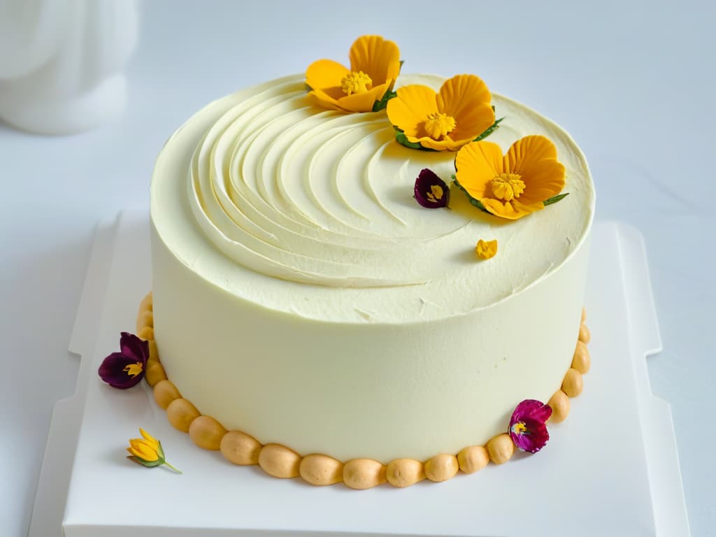  A closeup, ultradetailed image of a perfectly frosted and decorated cake made with beet sugar, showcasing intricate swirls of buttercream, delicate edible flowers, and shimmering gold accents. The cake is displayed on a sleek, white marble platter, exuding elegance and sophistication. hyperrealistic, full body, detailed clothing, highly detailed, cinematic lighting, stunningly beautiful, intricate, sharp focus, f/1. 8, 85mm, (centered image composition), (professionally color graded), ((bright soft diffused light)), volumetric fog, trending on instagram, trending on tumblr, HDR 4K, 8K