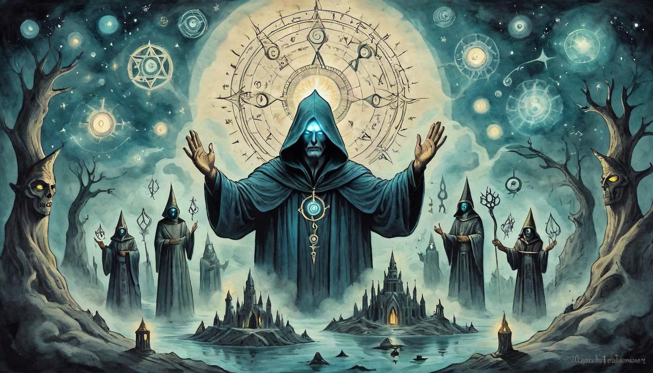  on parchment, surrealism+++, individual with glowing eyes, surrounded by floating arcane symbols, hands raised towards a cosmic gateway, power and potential(mysterious, provocative, symbolic,muted color)+++