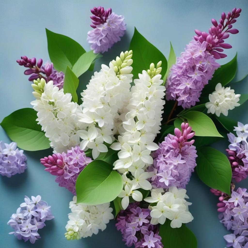  A beautiful bouquet of lilacs, white and lilac flowers, on a gray blue green background.Style real photo