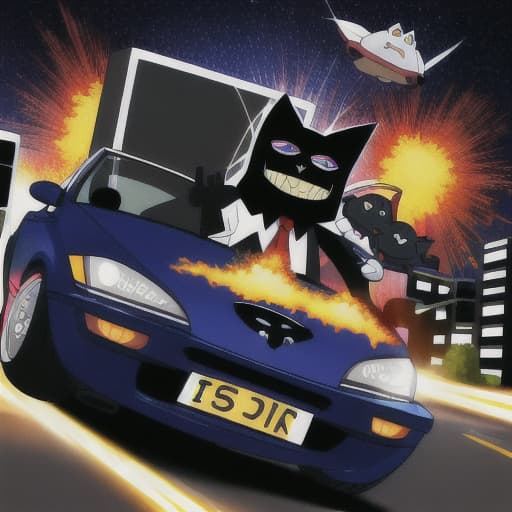  car crash, explosion, Evel grin in the sky, business suit, black cat, Lazers