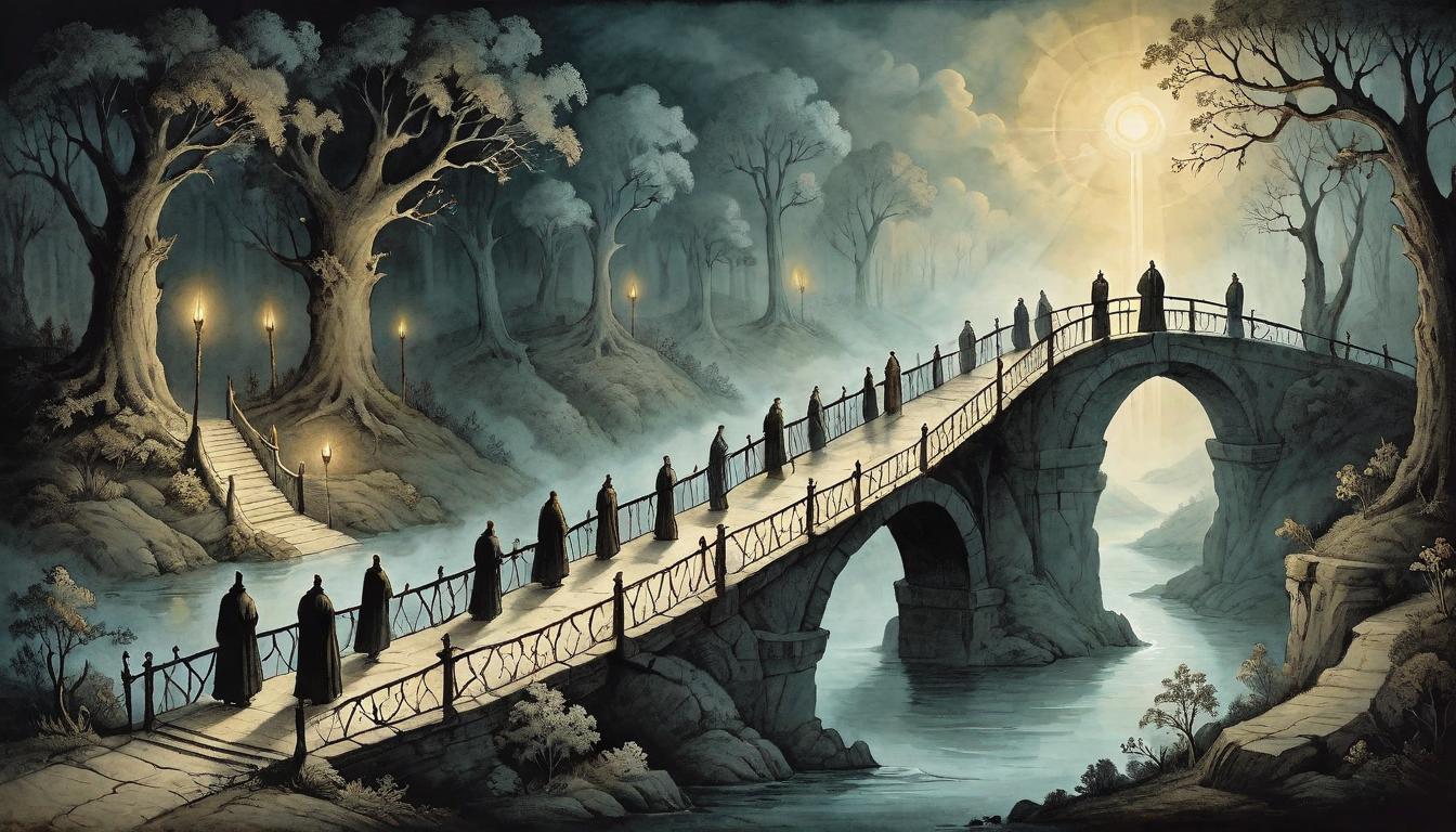  on parchment, surrealism+++, A bridge made of light spanning a dark chasm, with figures crossing towards enlightenment, symbolizing a journey of trust and growth. Bridge, light made, spanning darkness, figures crossing, towards enlightenment, trust journey, testament to growth, illuminated path.(mysterious, provocative, symbolic,muted color)+++