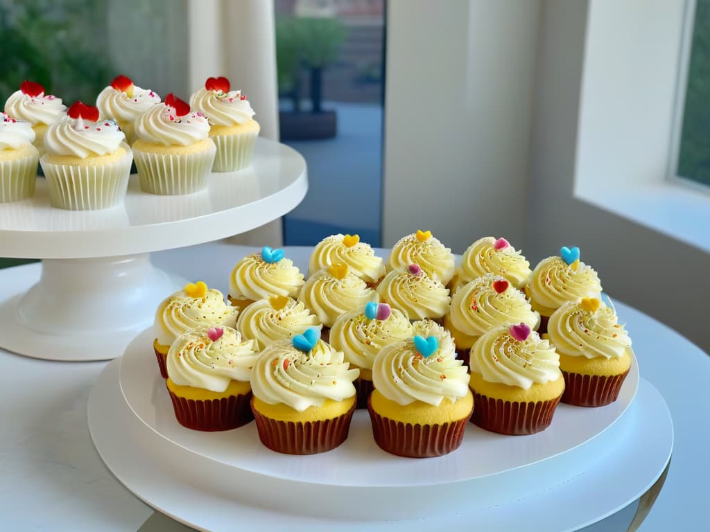  An ultradetailed image of a sleek, modern kitchen with a pristine marble countertop adorned with an array of colorful, intricately decorated cupcakes. Each cupcake is meticulously crafted with delicate frosting designs and edible embellishments, showcasing the artistry and creativity of postCOVID pastry competitions. The soft, natural light streaming in from a large window illuminates the scene, casting a warm glow on the exquisite desserts, creating a visually stunning and inspiring image of postpandemic baking excellence. hyperrealistic, full body, detailed clothing, highly detailed, cinematic lighting, stunningly beautiful, intricate, sharp focus, f/1. 8, 85mm, (centered image composition), (professionally color graded), ((bright soft diffused light)), volumetric fog, trending on instagram, trending on tumblr, HDR 4K, 8K