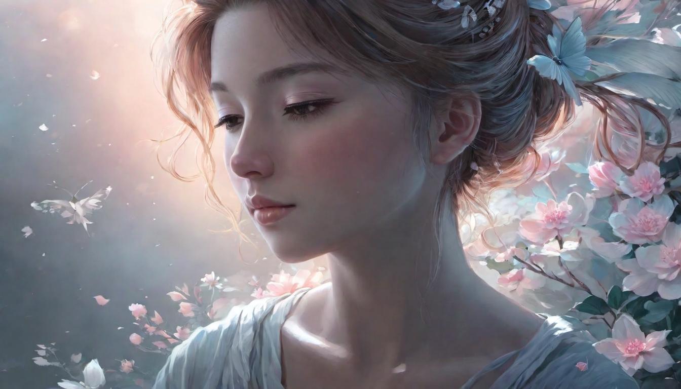  digital illustration, A close up of a calm face with eyes closed, soft breath visible, subtle light around, peace, moment of stillness, looking at viewer, dynamic pose, (intricate details, masterpiece, best quality)