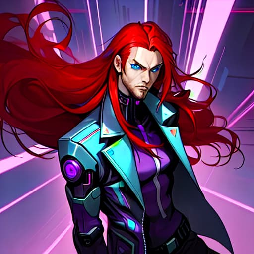  A man with super powers, cyberpunk, long hair, blue eyes, Red hairs and purple powers