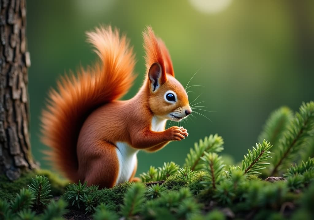  good quality, high quality, vibrant red squirrel amongst the lush greenery of a fir tree