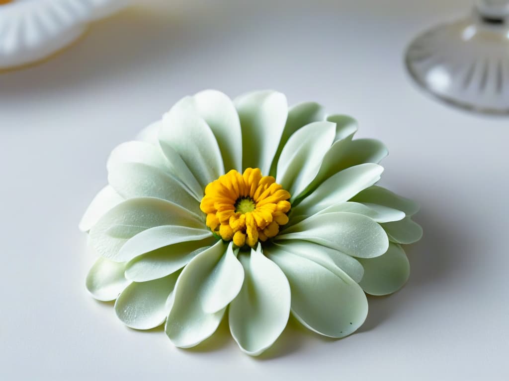  An ultradetailed closeup image of a vibrant, intricately designed edible flower made from delicate sugar paste, glistening under soft natural light. The flower showcases impeccable craftsmanship, with each petal meticulously formed and dusted with edible shimmer, highlighting the artistry and skill involved in creating edible decorations for pastry. The background is subtly blurred, focusing all attention on the exquisite details of the edible flower. hyperrealistic, full body, detailed clothing, highly detailed, cinematic lighting, stunningly beautiful, intricate, sharp focus, f/1. 8, 85mm, (centered image composition), (professionally color graded), ((bright soft diffused light)), volumetric fog, trending on instagram, trending on tumblr, HDR 4K, 8K