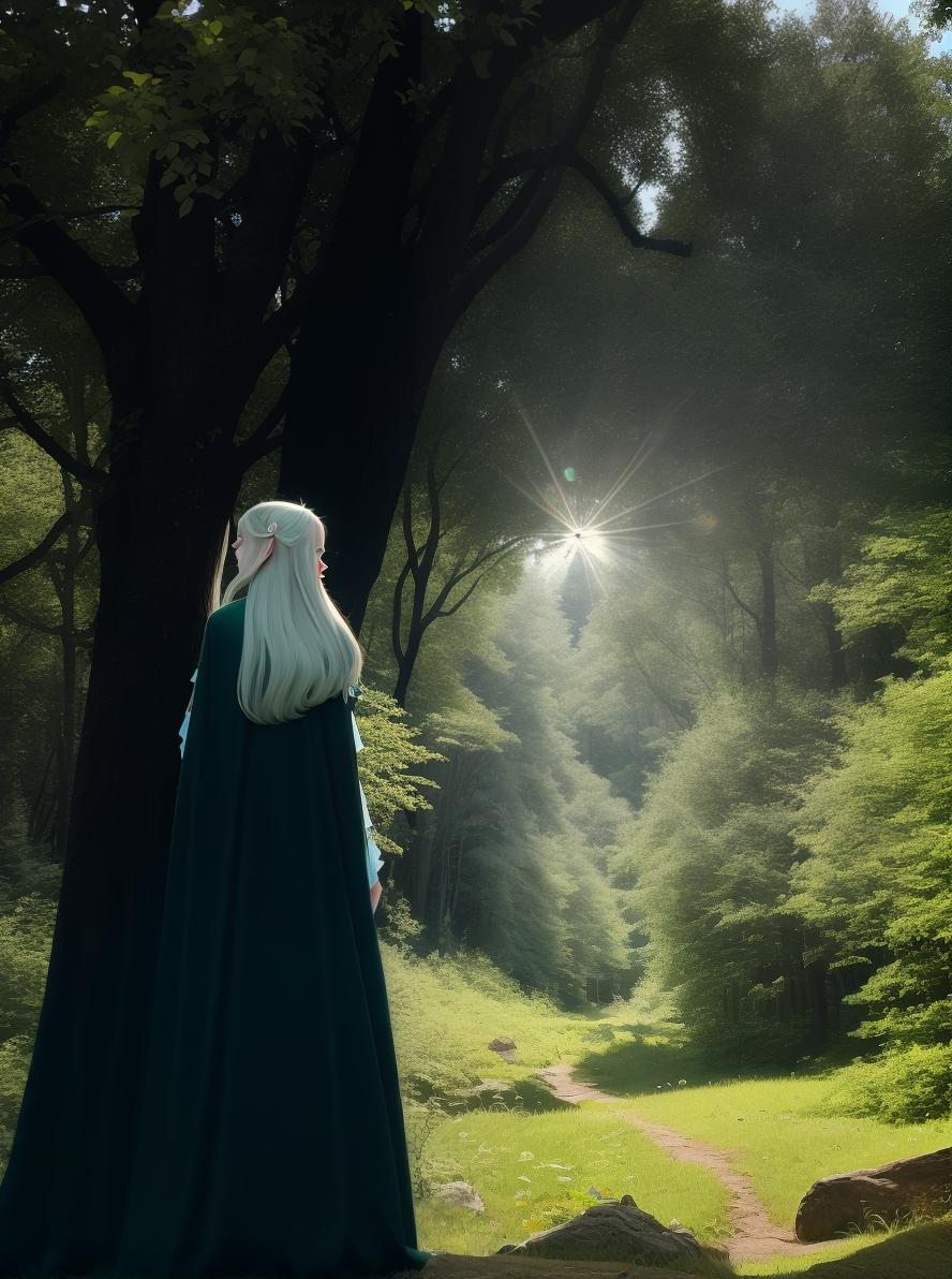  masterpiece, best quality, realism, 1 sweet , bigger,(side id:1.1), long hair accessory, elf, green eyes, pale skin, body, celet,(away from sight:1.2),(hair floating:1.3), from the side,(in forest:1.3),(lens flare from right:1.2)