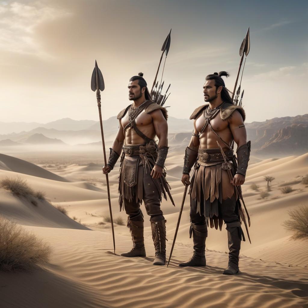  Two men with spears in their hands in the desert, dressed in primitive leather garments hyperrealistic, full body, detailed clothing, highly detailed, cinematic lighting, stunningly beautiful, intricate, sharp focus, f/1. 8, 85mm, (centered image composition), (professionally color graded), ((bright soft diffused light)), volumetric fog, trending on instagram, trending on tumblr, HDR 4K, 8K