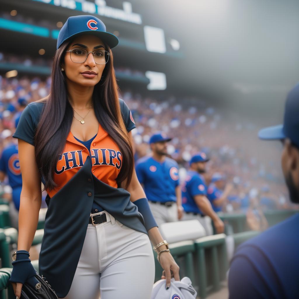  Mia Khalifa at a Chicago Cubs game. hyperrealistic, full body, detailed clothing, highly detailed, cinematic lighting, stunningly beautiful, intricate, sharp focus, f/1. 8, 85mm, (centered image composition), (professionally color graded), ((bright soft diffused light)), volumetric fog, trending on instagram, trending on tumblr, HDR 4K, 8K
