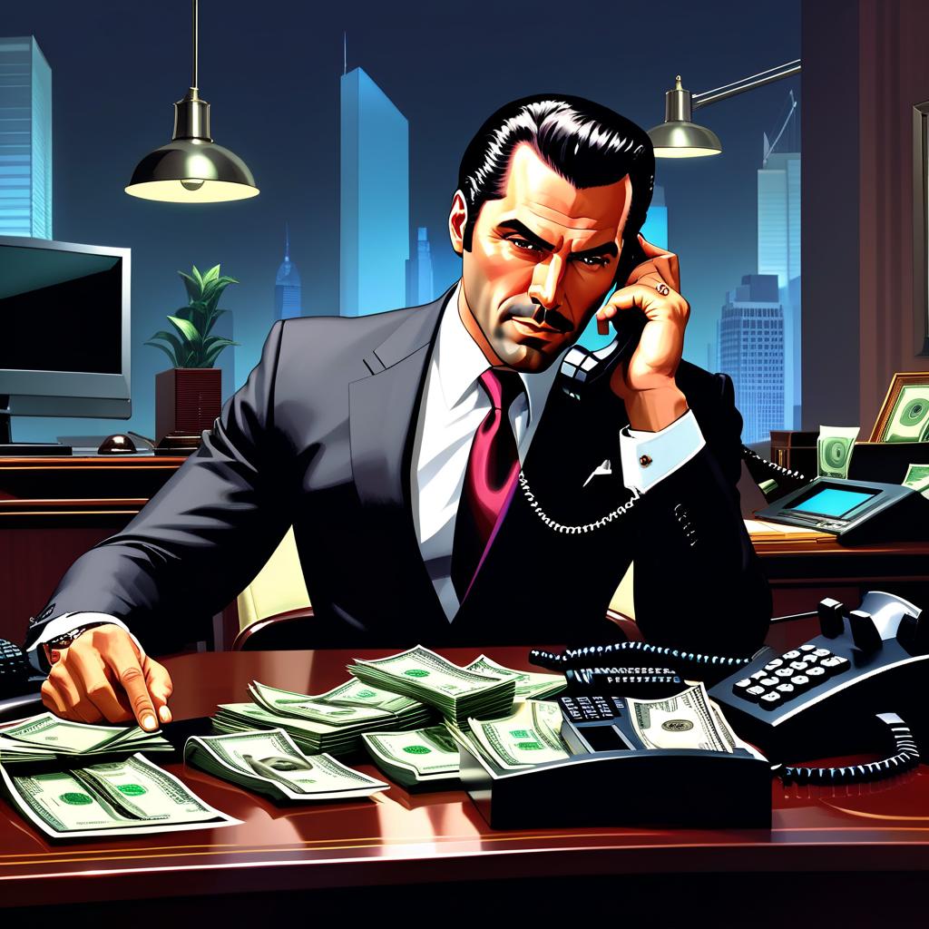  GTA style artwork A man dressed in a suit. A man sitting at a desk, talking on the phone, holding the handset of a wired phone on the table, an important look, he is selling shares. He is wearing an expensive suit, a tie, and a well groomed hairstyle. On the table are money, a phone, and a computer monitor. An office, sitting at a desk. Against the backdrop of a securities exchange, monitors with numbers and graphics, lighting, 3D, GTA 5. [English Translation: A man in a suit. A man, sitting at a desk, talking on the phone, holding the handset of a wired phone on the table, a serious gaze, selling shares. He is wearing an expensive suit, a tie, and a well groomed hairdo. On the table are money, a phone, and a computer monitor. An office, si hyperrealistic, full body, detailed clothing, highly detailed, cinematic lighting, stunningly beautiful, intricate, sharp focus, f/1. 8, 85mm, (centered image composition), (professionally color graded), ((bright soft diffused light)), volumetric fog, trending on instagram, trending on tumblr, HDR 4K, 8K