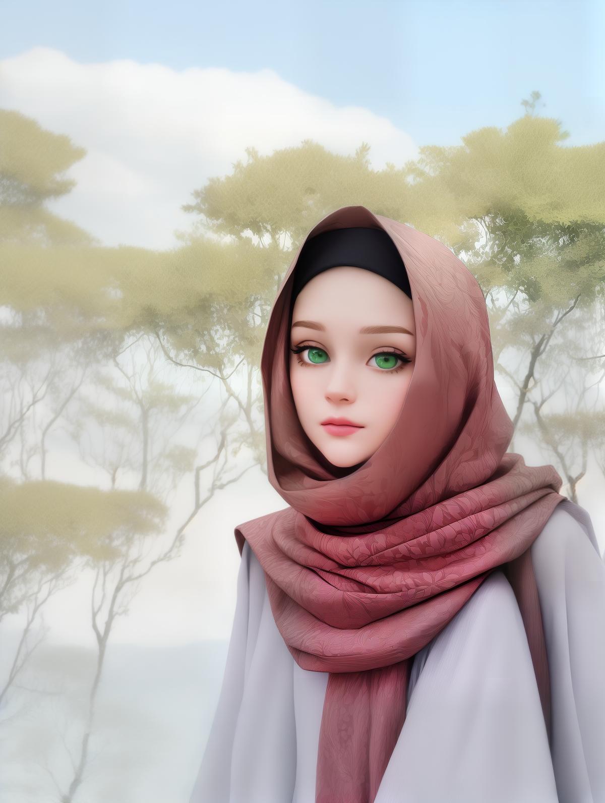  masterpiece, best quality, (masterpiece, best quality, high quality, highres, ultra detailed), realistic,1 sweet girl, headscarf, the greater, green eyes, pale skin.