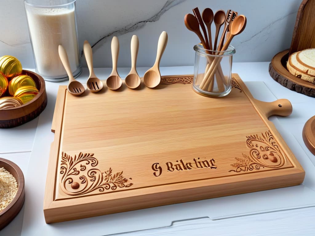  An ultradetailed, 8k resolution image of a sleek, minimalistic kitchen countertop adorned with an array of enchanting Harry Potterthemed baking utensils. The image showcases a set of wooden spoons with intricate wand carvings, a cauldronshaped mixing bowl, a set of measuring cups resembling potion vials, and a rolling pin etched with magical symbols. The utensils are elegantly arranged against a backdrop of soft, diffused lighting, casting subtle shadows that highlight the exquisite craftsmanship of each item. hyperrealistic, full body, detailed clothing, highly detailed, cinematic lighting, stunningly beautiful, intricate, sharp focus, f/1. 8, 85mm, (centered image composition), (professionally color graded), ((bright soft diffused light)), volumetric fog, trending on instagram, trending on tumblr, HDR 4K, 8K