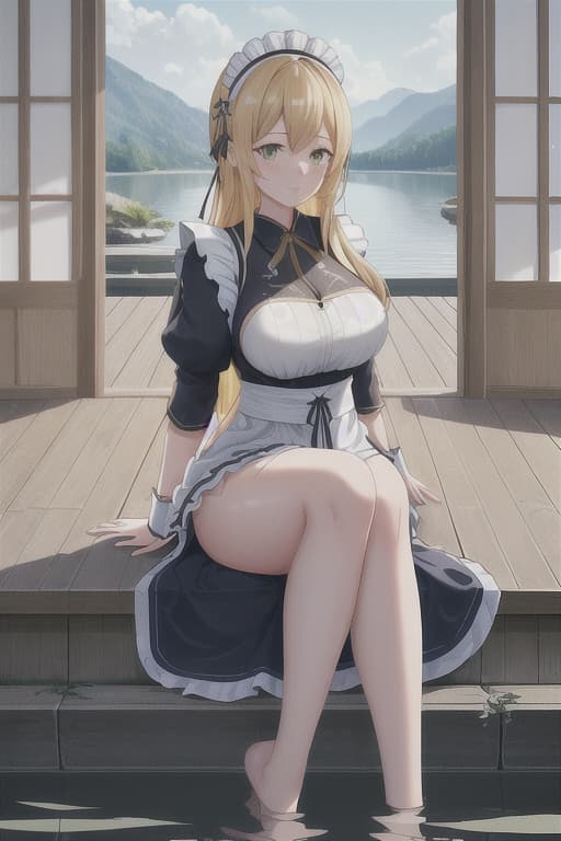  (score 9,score 8 up,score 7 up,),1girl,solo,maid,maid headdress,looking at viewer,outdoor,lake,apron,blonde hair,indoors,green eyes,bare foot,two feet in the water hyperrealistic, full body, detailed clothing, highly detailed, cinematic lighting, stunningly beautiful, intricate, sharp focus, f/1. 8, 85mm, (centered image composition), (professionally color graded), ((bright soft diffused light)), volumetric fog, trending on instagram, trending on tumblr, HDR 4K, 8K