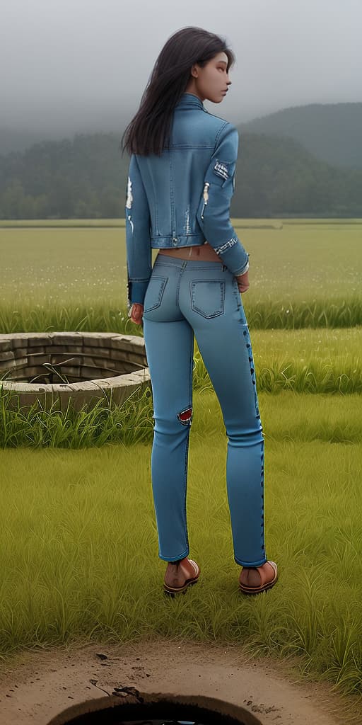  woman-in torn pants, in a jacket, standing with her back, near a well in a field