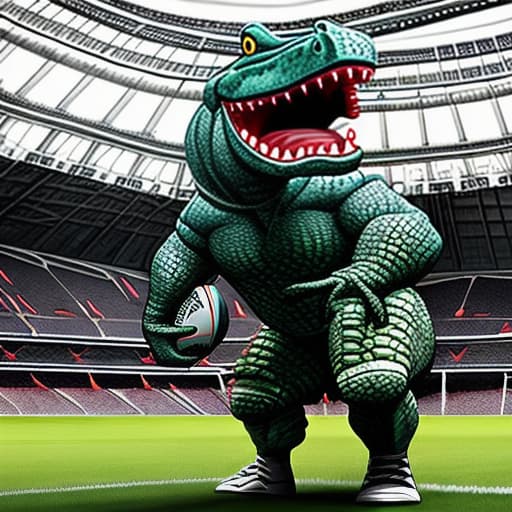  full members of a rugby player crocodile face and body of a crocodile standing in front of big stadium