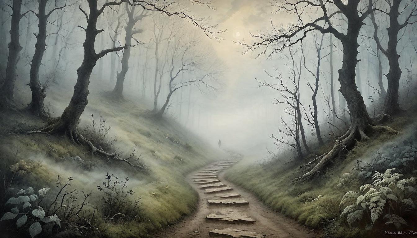  on parchment, surrealism+++, A rugged trail leading through dense fog, footsteps embarking upon an uncertain path, shoes at the trail's beginning, invitation to journey, mystique of the unseen, engaging with the fog of challenges, path veiled in mystery.(mysterious, provocative, symbolic,muted color)+++