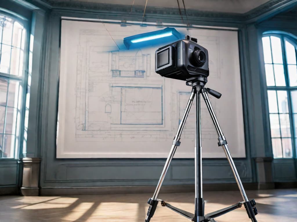  A cutting-edge 3D laser scanner on a tripod, with a transparent holographic display showing a complex geometric structure, surrounded by architectural blueprints and digital tablets displaying 3D modeling software. digital art, ilustration, no flares, clean hyperrealistic, full body, detailed clothing, highly detailed, cinematic lighting, stunningly beautiful, intricate, sharp focus, f/1. 8, 85mm, (centered image composition), (professionally color graded), ((bright soft diffused light)), volumetric fog, trending on instagram, trending on tumblr, HDR 4K, 8K