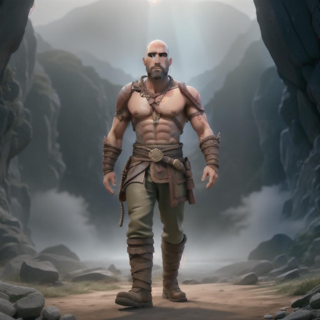  God of war hyperrealistic, full body, detailed clothing, highly detailed, cinematic lighting, stunningly beautiful, intricate, sharp focus, f/1. 8, 85mm, (centered image composition), (professionally color graded), ((bright soft diffused light)), volumetric fog, trending on instagram, trending on tumblr, HDR 4K, 8K