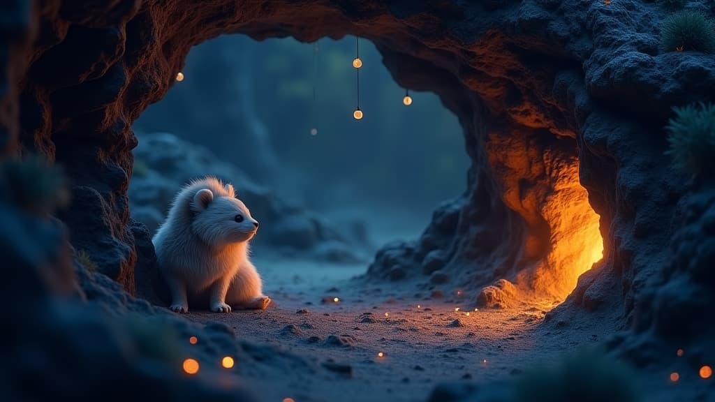  good quality, high quality, a whimsical cave explore reveals a glowing furry creature at twilight