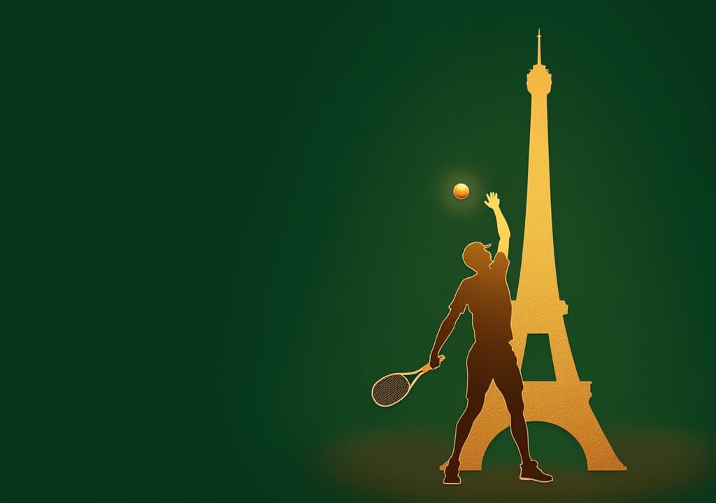  good quality, high quality, tennis player silhouette: gold silhouette of a tennis player serving with the eiffel tower glowing in the background on a dark green background.