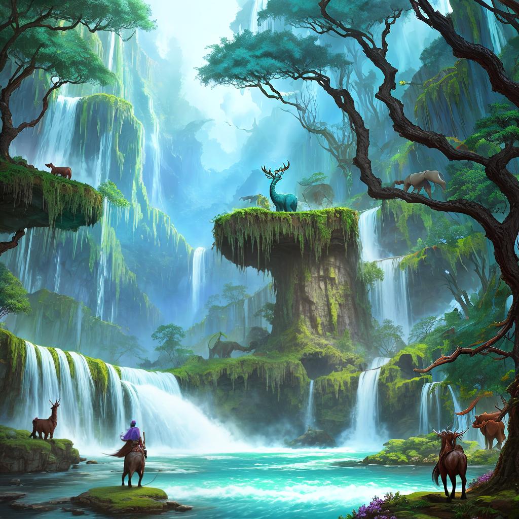  in a fantasy setting, Paint a surreal landscape where mythical beasts roam amidst cascading waterfalls.