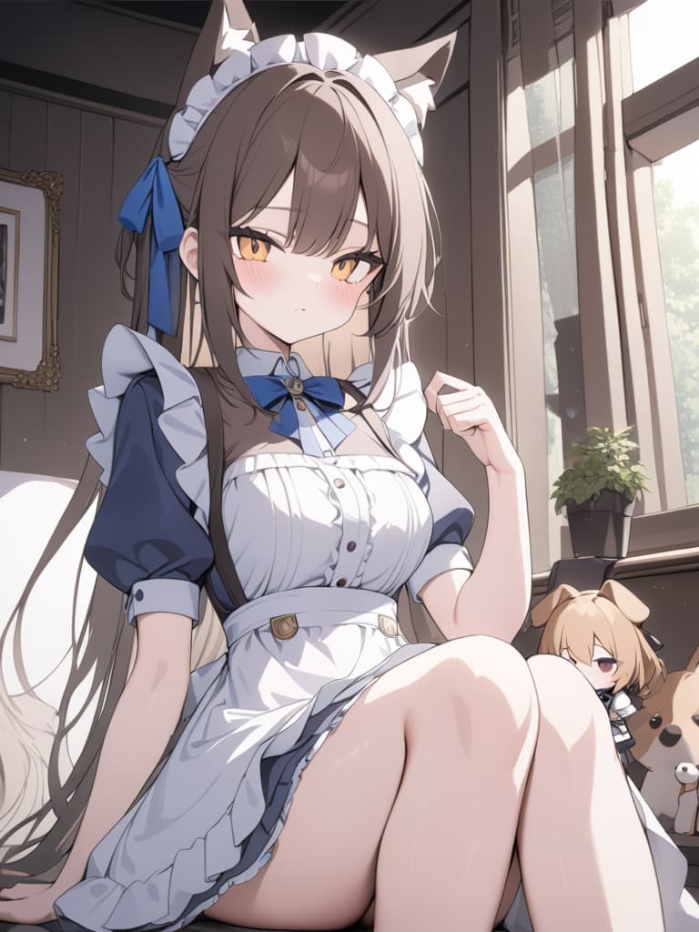  Princess sitting, mini character, brown hair, dog ears, lolita maid clothes, cute, maid, mini character, masterpiece, best quality,8k,ultra detailed,high resolution,an extremely delicate and beautiful,hyper detail