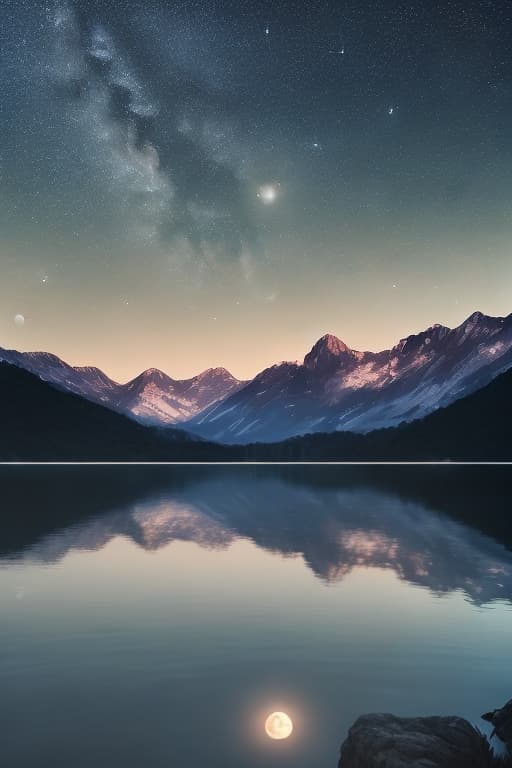  Beneath the starry night sky, a tranquil lakeside scene is illuminated by the soft glow of a full moon. A majestic mountain range looms in the background, while the calm water reflects the celestial display above. This serene landscape creates the perfect mobile wallpaper, inviting a sense of peace and wonder.