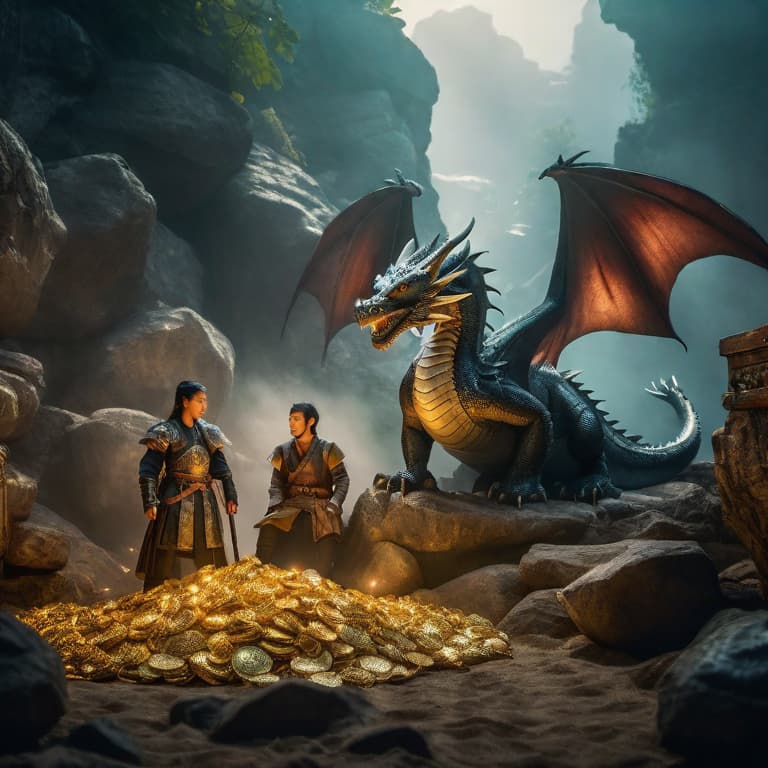  Dragons guarding a treasure hoard hyperrealistic, full body, detailed clothing, highly detailed, cinematic lighting, stunningly beautiful, intricate, sharp focus, f/1. 8, 85mm, (centered image composition), (professionally color graded), ((bright soft diffused light)), volumetric fog, trending on instagram, trending on tumblr, HDR 4K, 8K