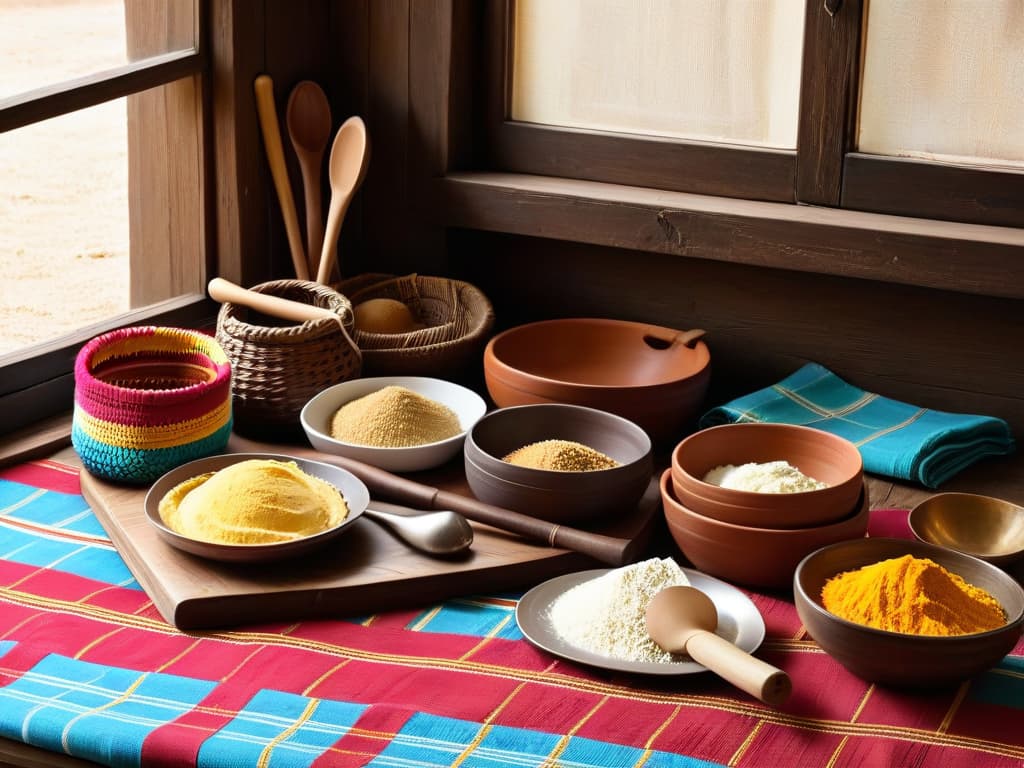  A highresolution, minimalist image featuring an assortment of traditional African baking utensils such as wooden spoons, clay pots, woven baskets, and colorful fabric napkins arranged elegantly on a rustic wooden table. The soft natural light filtering through a nearby window highlights the textures and intricate details of each utensil, creating a visually captivating and culturally rich scene that complements the theme of glutenfree African desserts perfectly. hyperrealistic, full body, detailed clothing, highly detailed, cinematic lighting, stunningly beautiful, intricate, sharp focus, f/1. 8, 85mm, (centered image composition), (professionally color graded), ((bright soft diffused light)), volumetric fog, trending on instagram, trending on tumblr, HDR 4K, 8K