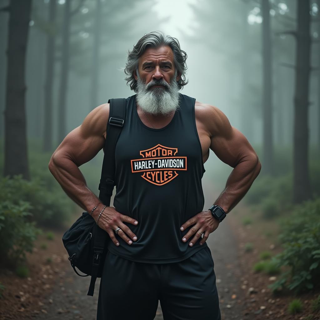  this editorial photography features a hispanic senior male with a muscular build, styled after mario testino's iconic work. the medium shot captures him from the waist up in a foggy, forest setting, portraying a strong stance with both hands on his waist. his mid length hair complements his perfect gray beard, and he sports a running outfit adorned with the harley davidson logo, accessorized with a gym bag. this representation highlights his robust form and seasoned charm, encapsulating a moment of strength and serenity amidst nature hyperrealistic, full body, detailed clothing, highly detailed, cinematic lighting, stunningly beautiful, intricate, sharp focus, f/1. 8, 85mm, (centered image composition), (professionally color graded), ((bright soft diffused light)), volumetric fog, trending on instagram, trending on tumblr, HDR 4K, 8K