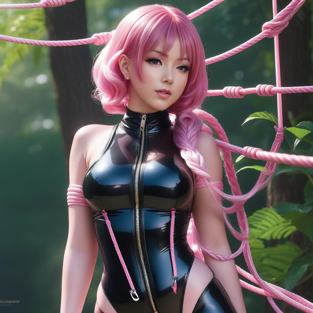  (masterpiece, best quality), 1girl,  pink hair,, long hair, sunny day,  <lora:Concept_Latex:1> LatexConcept, zipper, bondage, shibari, rope bondage, bodysuit, skin tight,, black bodysuit, shiny clothes, shiny, covered, best quality, very detailed, high resolution, sharp, sharp image, extremely detailed, 4k, 8k