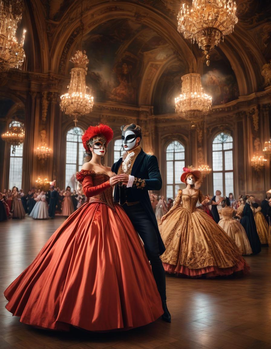  A young couple in masquerade masks at a ball, whirling to the rhythm of a waltz, in Baroque and Renaissance outfits. In a huge hall with high ceilings. The surprised audience applauds them. High detail. High quality. HDR. Focus and focus on the clarity of faces hyperrealistic, full body, detailed clothing, highly detailed, cinematic lighting, stunningly beautiful, intricate, sharp focus, f/1. 8, 85mm, (centered image composition), (professionally color graded), ((bright soft diffused light)), volumetric fog, trending on instagram, trending on tumblr, HDR 4K, 8K