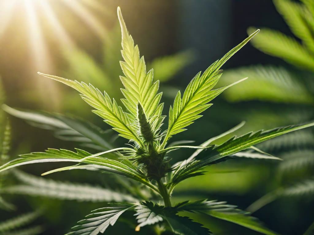  A close-up photo of a cannabis plant with a blurred background, showcasing the natural beauty of the plant and emphasizing its potential as a medicinal resource. digital art, ilustration hyperrealistic, full body, detailed clothing, highly detailed, cinematic lighting, stunningly beautiful, intricate, sharp focus, f/1. 8, 85mm, (centered image composition), (professionally color graded), ((bright soft diffused light)), volumetric fog, trending on instagram, trending on tumblr, HDR 4K, 8K