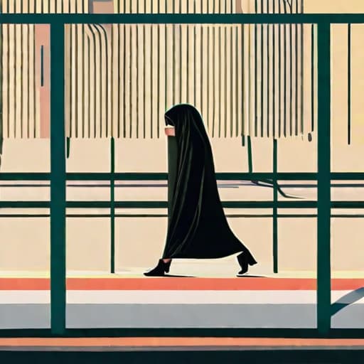  A middle aged Muslim woman, wearing a black chador covering her face, walks on a sunny, busy city street.