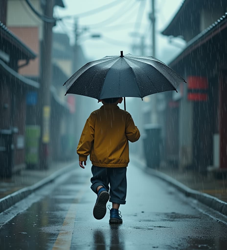  good quality, high quality, a boy named takeshi is shown running through the rain with a large umbrella.