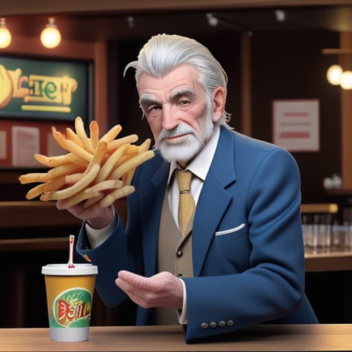  un vieille homme qui tiendra un grand bocal de frites