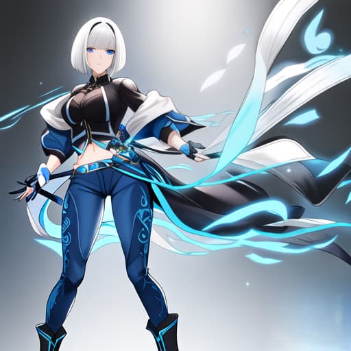  beautiful woman with white hair with a bob cut, she has blue eyes and a black t shirt short to her midriff and a blue jacket against her bust and blue pants with black boots hyperrealistic, full body, detailed clothing, highly detailed, cinematic lighting, stunningly beautiful, intricate, sharp focus, f/1. 8, 85mm, (centered image composition), (professionally color graded), ((bright soft diffused light)), volumetric fog, trending on instagram, trending on tumblr, HDR 4K, 8K