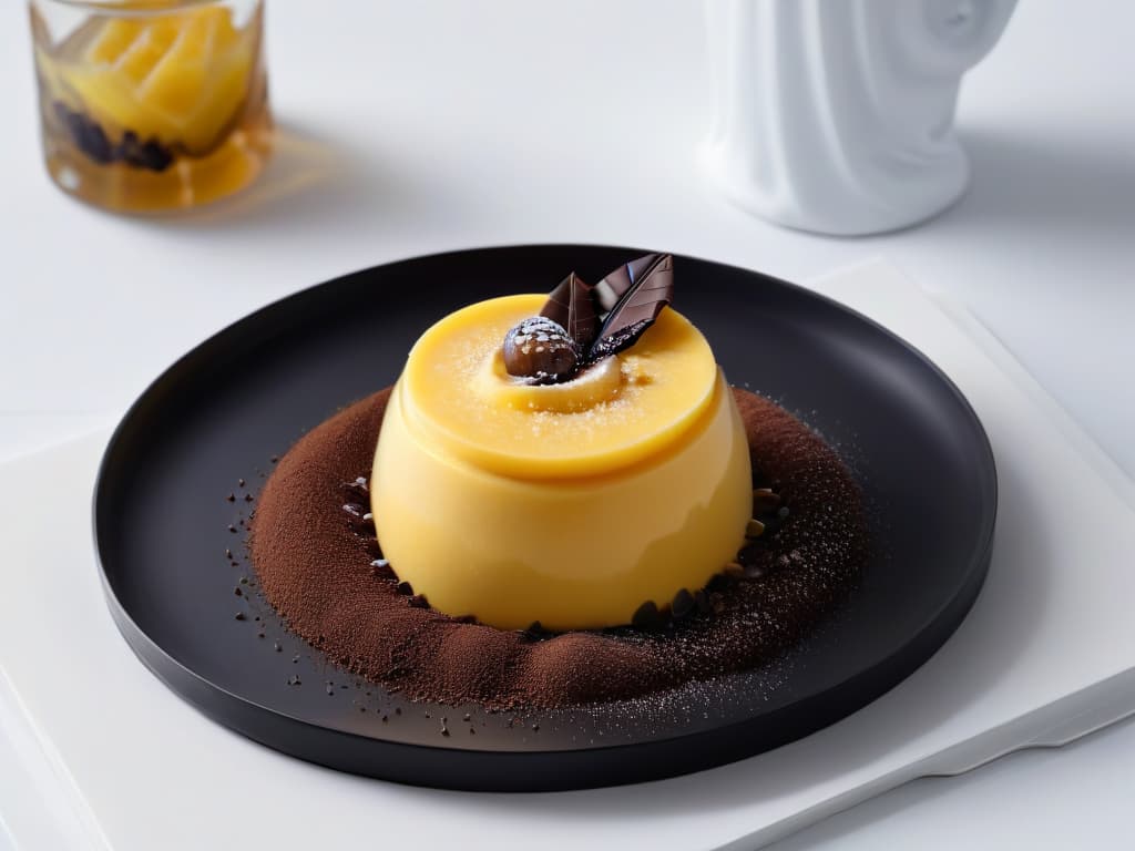  A stunning image of a sleek, modern dessert plate featuring a vibrant, glossy mango sorbet topped with a sprinkle of dark chocolate shavings, elegantly contrasted against a minimalist white background. The smooth curves of the dessert dish play off the angular lines of the chocolate garnish, creating a visually striking and sophisticated composition that embodies the concept of surprising contrasts in desserts. hyperrealistic, full body, detailed clothing, highly detailed, cinematic lighting, stunningly beautiful, intricate, sharp focus, f/1. 8, 85mm, (centered image composition), (professionally color graded), ((bright soft diffused light)), volumetric fog, trending on instagram, trending on tumblr, HDR 4K, 8K