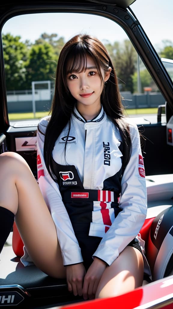  masterpiece, high quality, 4K, HDR BREAK A young Japanese woman sitting in a race car, wearing a micro bikini with a logo. She has a beautiful, flawless complexion, with large eyes, accurately placed facial features and body parts, including the correct number of fingers and toes. She is smiling sweetly. BREAK A young Japanese woman BREAK Micro bikini with logo BREAK Sitting in race car, smiling BREAK Race circuit background hyperrealistic, full body, detailed clothing, highly detailed, cinematic lighting, stunningly beautiful, intricate, sharp focus, f/1. 8, 85mm, (centered image composition), (professionally color graded), ((bright soft diffused light)), volumetric fog, trending on instagram, trending on tumblr, HDR 4K, 8K
