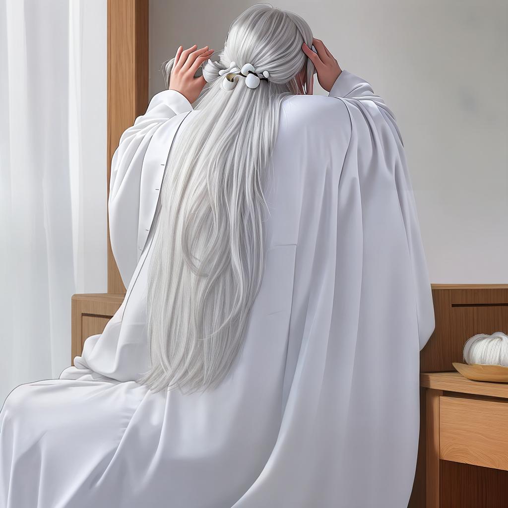  A long-haired man in a white robe meditates with his back to him