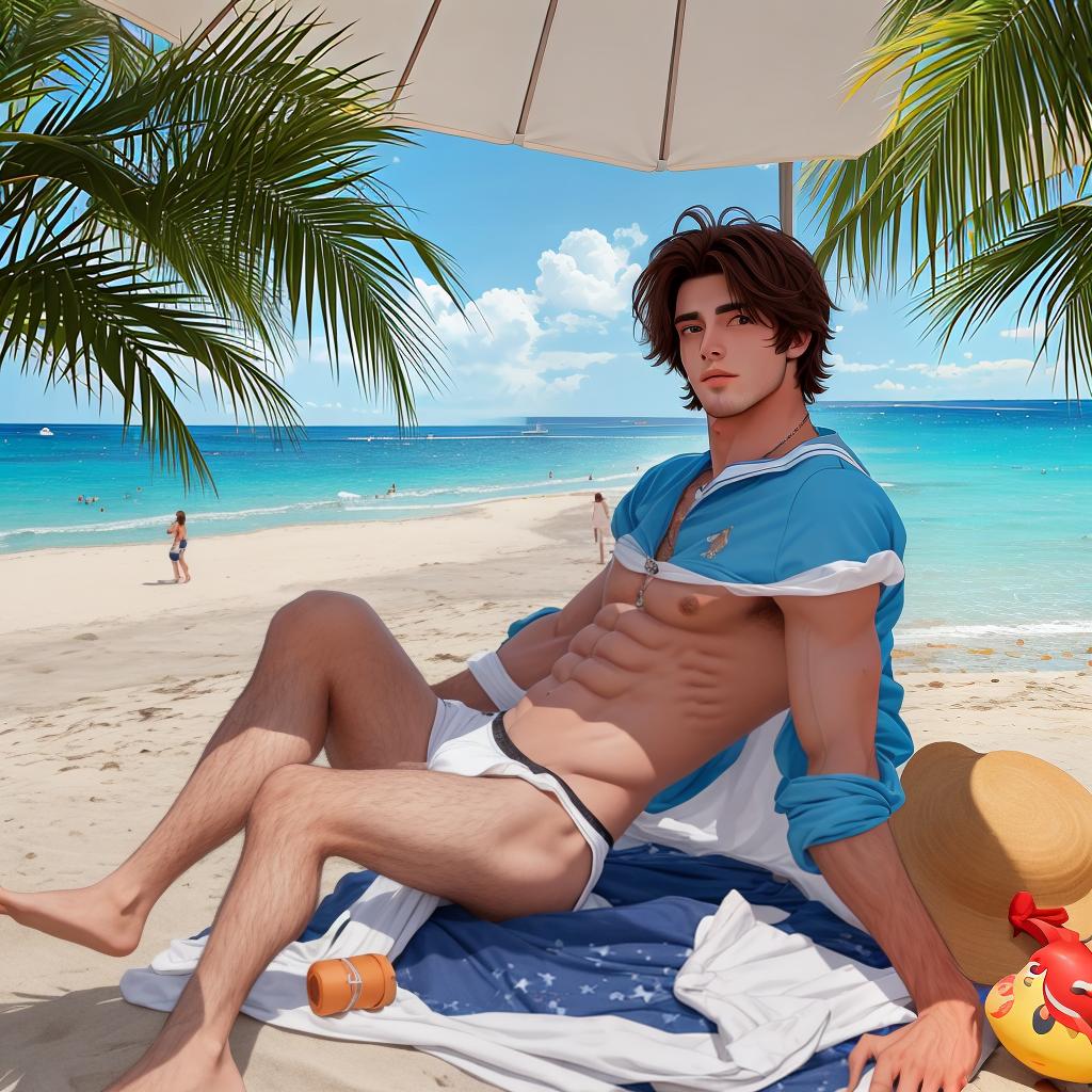  masterpiece, best quality, realy cute hot guy on a beach with the hottest in the universe she has big big 