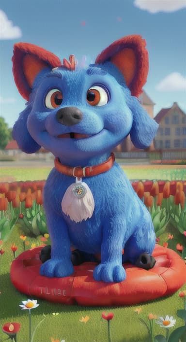  {The red ball nestled in a bed of colorful flowers like daisies and tulips, The big blue dog is large with sky blue fur, big round eyes, a black nose, and floppy ears.