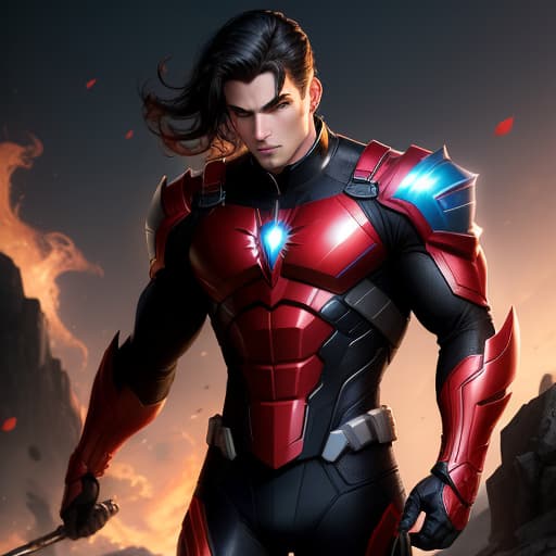  very handsome, male, caucasian, tall, short wavey black hair, blue eyes, muscular athletic body, superhero, red and black suit, has a mask, fire powers, hyperrealistic, high quality, highly detailed, perfect lighting, intricate, sharp focus, f/1. 8, 85mm, (centered image composition), (professionally color graded), ((bright soft diffused light)), trending on instagram, HDR 4K, 8K