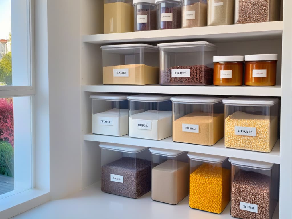  A sleek, minimalistic image featuring a row of various types of storage containers for baking ingredients, neatly organized on a pristine white countertop. Each container is transparent, showcasing the colorful assortment of ingredients within, including flour, sugar, chocolate chips, and sprinkles. The containers are labeled with elegant, modern typography indicating the contents, adding a touch of sophistication to the image. The soft, natural light streaming in from a nearby window highlights the clarity and cleanliness of the containers, emphasizing the organized and professional aesthetic. hyperrealistic, full body, detailed clothing, highly detailed, cinematic lighting, stunningly beautiful, intricate, sharp focus, f/1. 8, 85mm, (centered image composition), (professionally color graded), ((bright soft diffused light)), volumetric fog, trending on instagram, trending on tumblr, HDR 4K, 8K