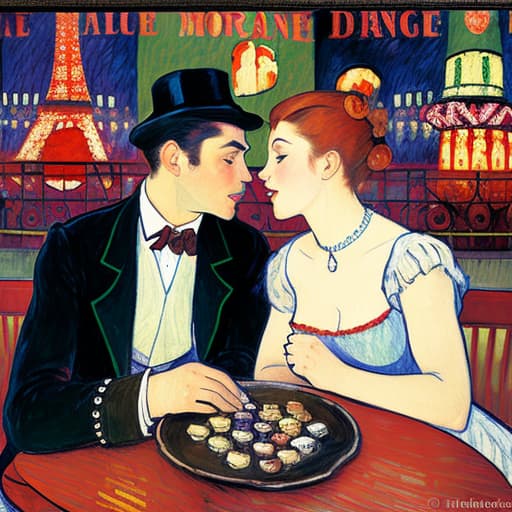  attractive young Parisian couple dressed in modern designer outfits who are romantically together in Paris. Foreground a small plate of fine dark chocolates on a small wooden table. Background dusk with a light of the inside the Moulin Rouge with dancers dancing. Painting style of Henri de Toulouse-Lautrec