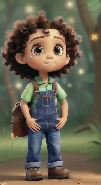  {The tree with a twinkling eye, while its leaves gently rustle., Riley, a curious with big brown eyes and curly hair, wearing overalls and carrying a small backpack. Their friend, Skye, a bluebird with shiny feathers.