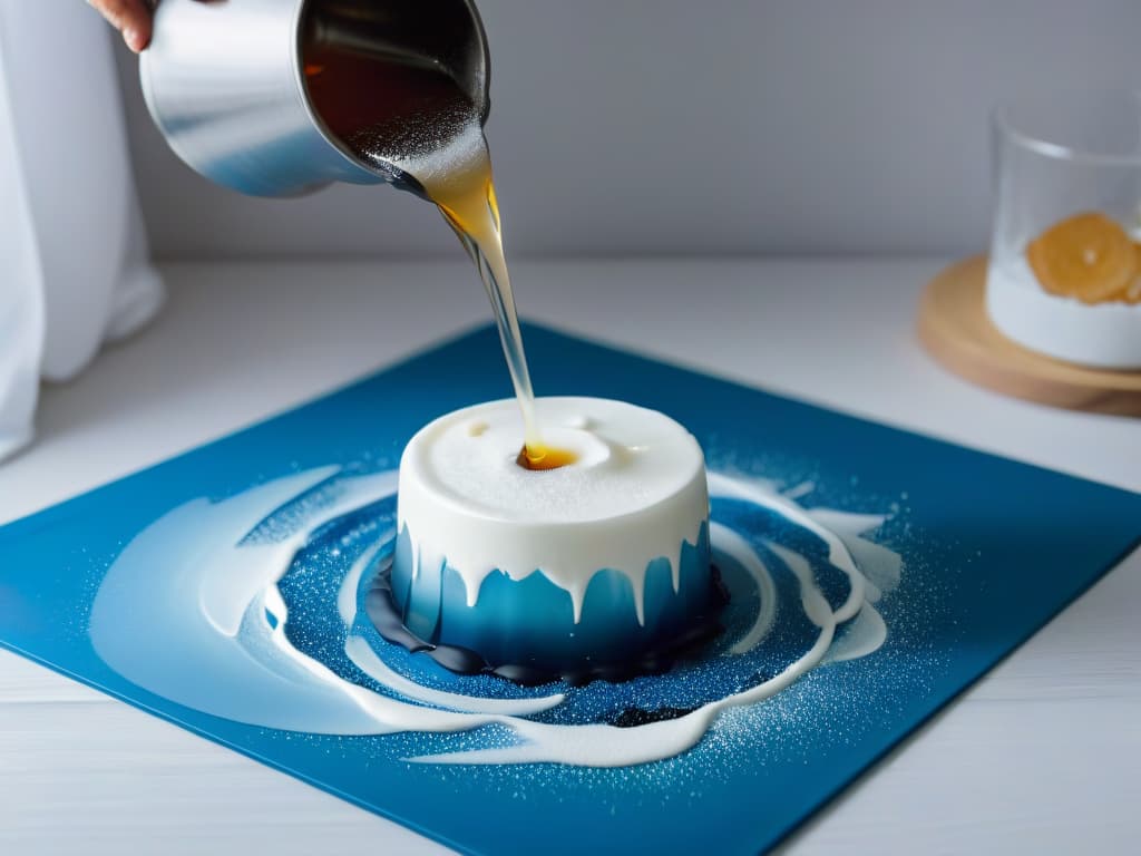  A closeup, highresolution image of a crystalclear sugar syrup being carefully poured onto a silicone mat, capturing the intricate patterns and reflections as the syrup starts to solidify into delicate sugar crystals. The background is softly blurred to emphasize the beauty of the crystallization process, with the focus entirely on the mesmerizing transformation of the transparent liquid into shimmering, edible art. The lighting is natural and soft, creating a serene and elegant atmosphere that perfectly complements the informative yet artistic tone of the article. hyperrealistic, full body, detailed clothing, highly detailed, cinematic lighting, stunningly beautiful, intricate, sharp focus, f/1. 8, 85mm, (centered image composition), (professionally color graded), ((bright soft diffused light)), volumetric fog, trending on instagram, trending on tumblr, HDR 4K, 8K